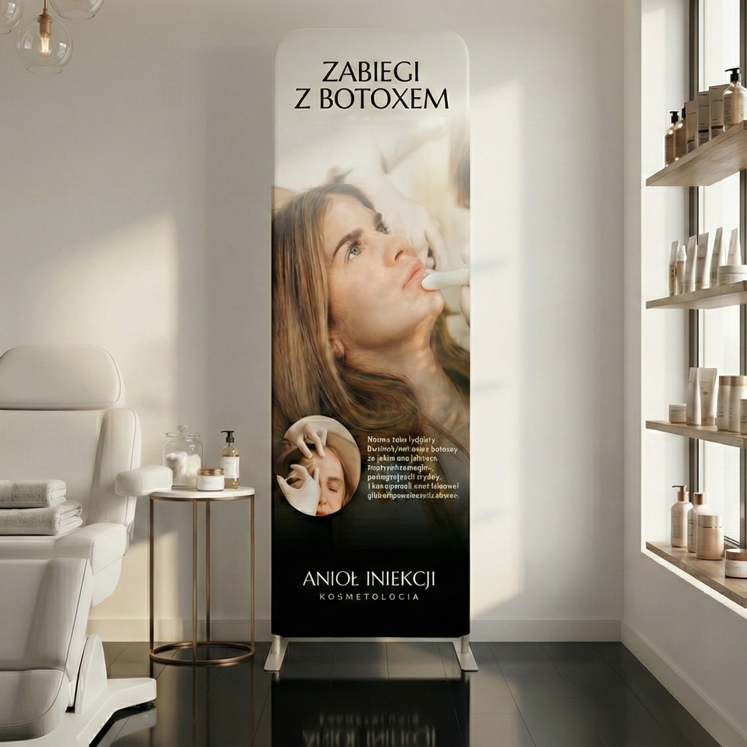 Wizualizacja ścianki reklamowej zabiegów z botoksem w nowoczesnym gabinecie kosmetycznym.