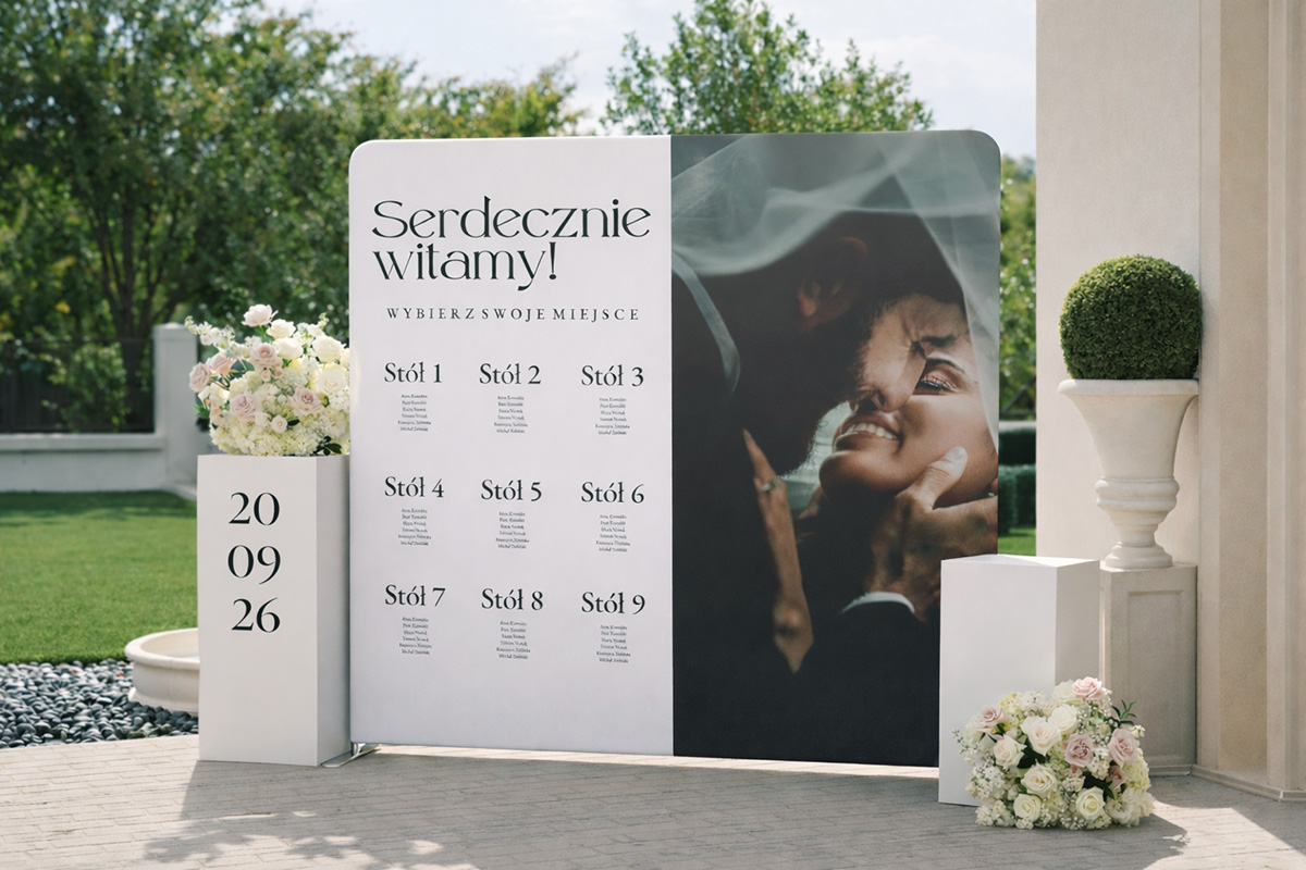 Plan stołów weselnych na ściance tekstylnej 240x230 cm ustawionej przy wejściu do sali weselnej z dekoracjami kwiatowymi