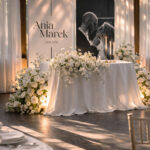 Dwie personalizowane ścianki ślubne o wysokości 230 cm z imionami Ania i Marek oraz czarno-białym zdjęciem pary młodej, ustawione za dekoracyjnym stołem z białymi kwiatami i świecami w eleganckiej sali weselnej.