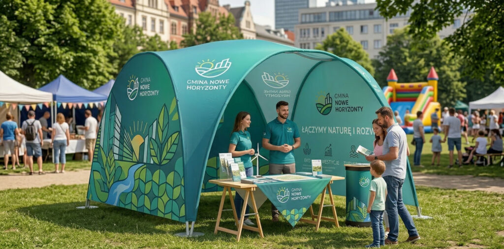 Namiot promocyjny gminy Nowe Horyzonty w parku podczas plenerowego wydarzenia, z obsługą i rodziną.