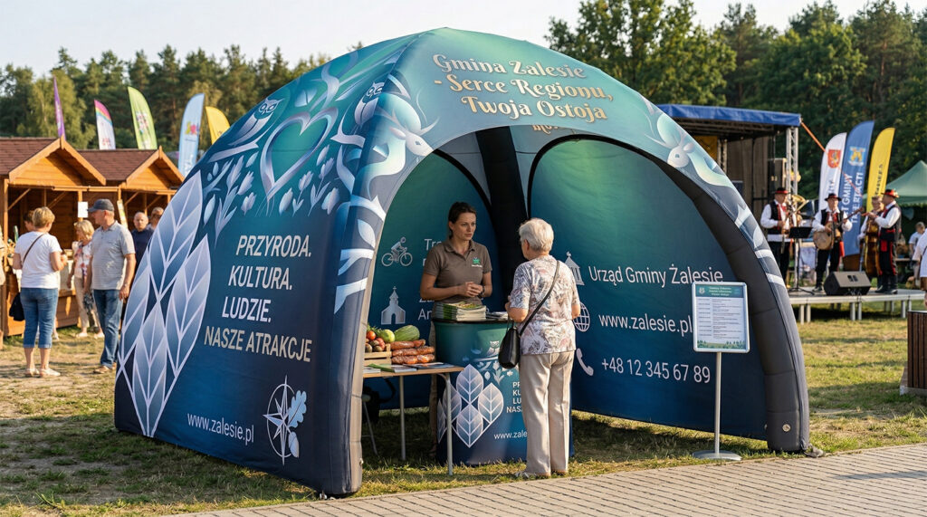 Namiot promocyjny Gminy Zalesie na evencie plenerowym Nadmuchiwany namiot promocyjny Gminy Zalesie z hasłem "Gmina Zalesie - Serce Regionu, Twoja Ostoja" na plenerowym evencie, z dwiema rozmawiającymi kobietami przed stoiskiem z warzywami i materiałami informacyjnymi.