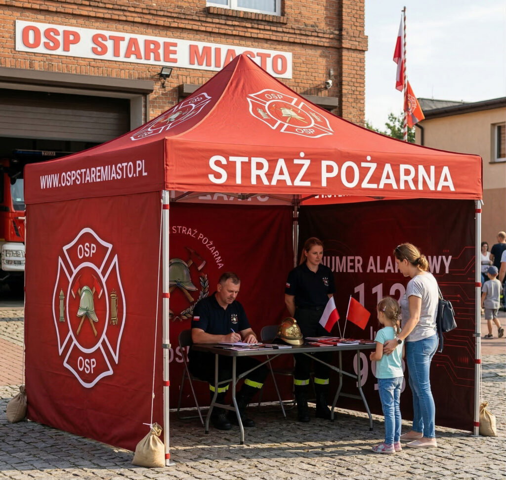 Realistyczne zdjęcie czerwonego namiotu eventowego OSP Stare Miasto podczas pikniku edukacyjnego przed ceglaną remizą. W środku strażacy przy stole rozmawiający z kobietą i dzieckiem