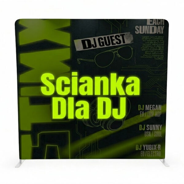 Prosta ścianka tekstylna dla DJ-a z profesjonalnym nadrukiem - tło za konsoletę Prosta ścianka tekstylna dla DJ-a z profesjonalnym nadrukiem - tło za konsoletę