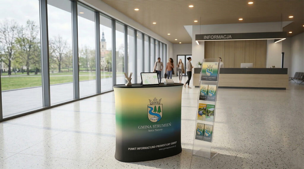 Mobilna trybunka reklamowa z nadrukiem - stoisko informacyjne Gminy Strumie Poziome zdjęcie przedstawiające samorozkładającą trybunkę promocyjną z logo Gminy Strumień, ustawioną w nowoczesnym, przeszklonym holu urzędu. Obok stoiska znajduje się stojak z ulotkami, a w tle widać przechodzących ludzi i punkt informacyjny.